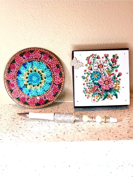 Hand Crafted Other - Sparkly Floral Desk Set - Crystal Accented Note Holder with Coaster & Bling Pen